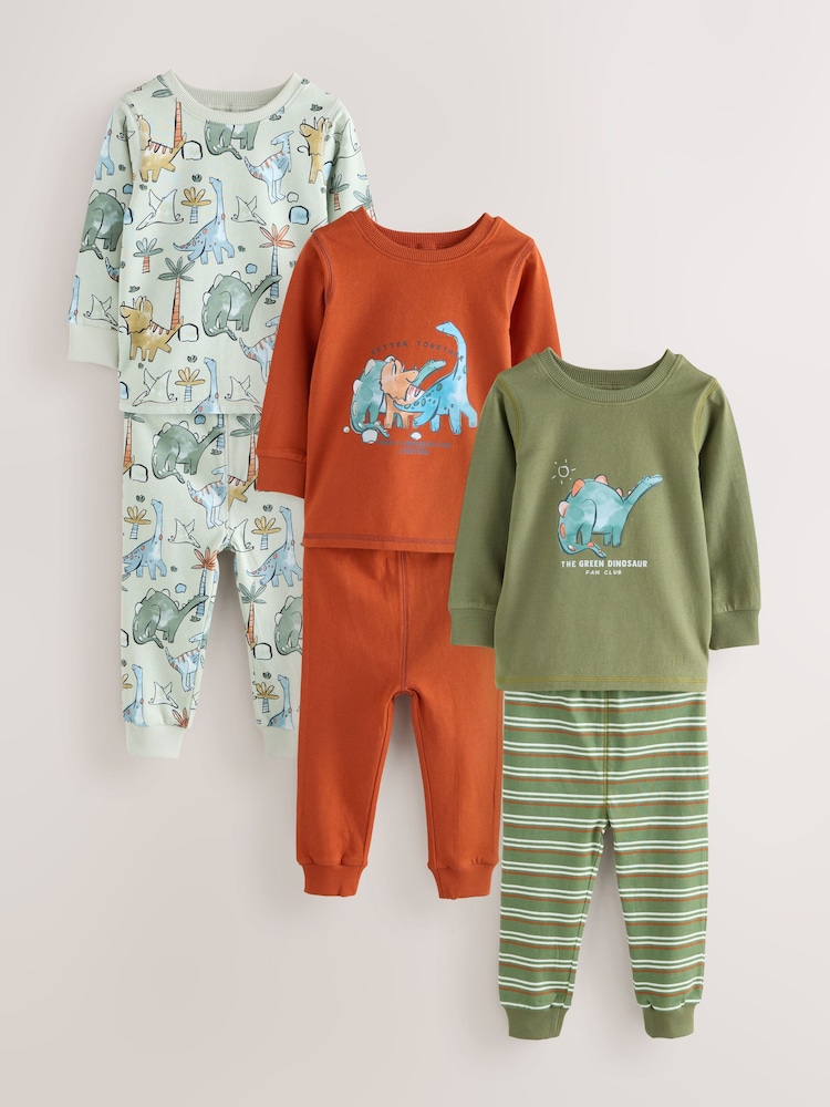 Green/Orange Dino Sketch Snuggle Pyjamas 3 Pack (9mths-8yrs) - Image 1 of 9 Green/Orange Dino Sketch Snuggle Pyjamas 3 Pack (9mths-8yrs) - Image 1 of 9
