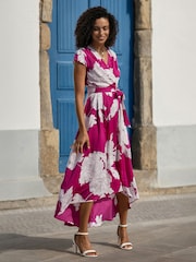 Yumi Pink Blossom Print Wrap Midi With Dipped Hem Dress - Image 1 of 5