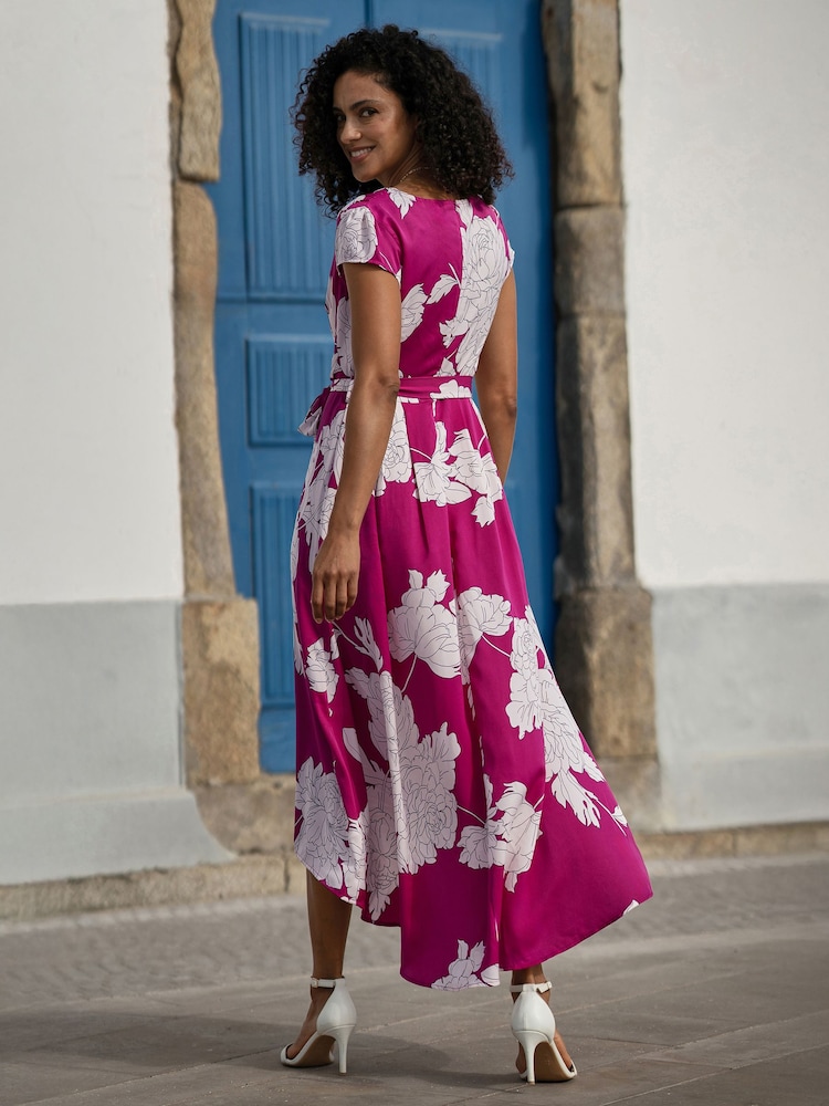 Yumi Pink Blossom Print Wrap Midi With Dipped Hem Dress - Image 5 of 5