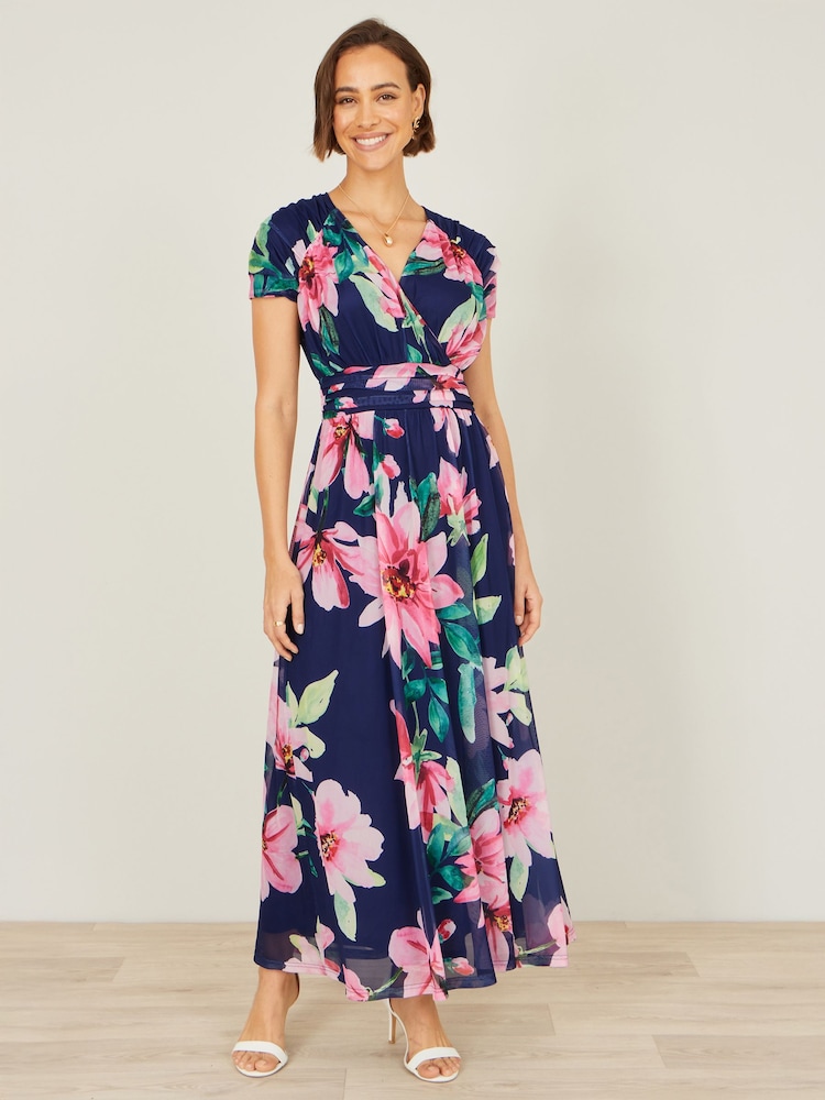 Yumi Blue Mesh Floral Maxi Dress - Image 1 of 5 Yumi Blue Mesh Floral Maxi Dress - Image 1 of 5