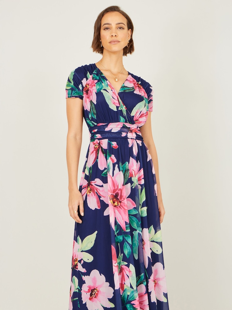 Yumi Blue Mesh Floral Maxi Dress - Image 2 of 5 Yumi Blue Mesh Floral Maxi Dress - Image 2 of 5