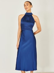 أزرق - Yumi Satin Halter Neck Midi Dress - Image 1 of 5
