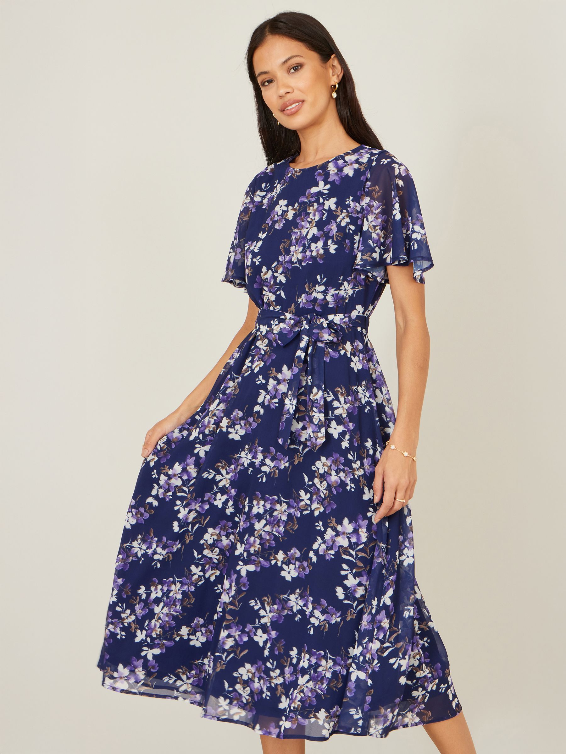 Buy Yumi Blue Blossom Print Midi Skater Dress With Angel Sleeves