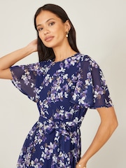 Yumi Blue Blossom Print Midi Skater Dress With Angel Sleeves - Image 3 of 5