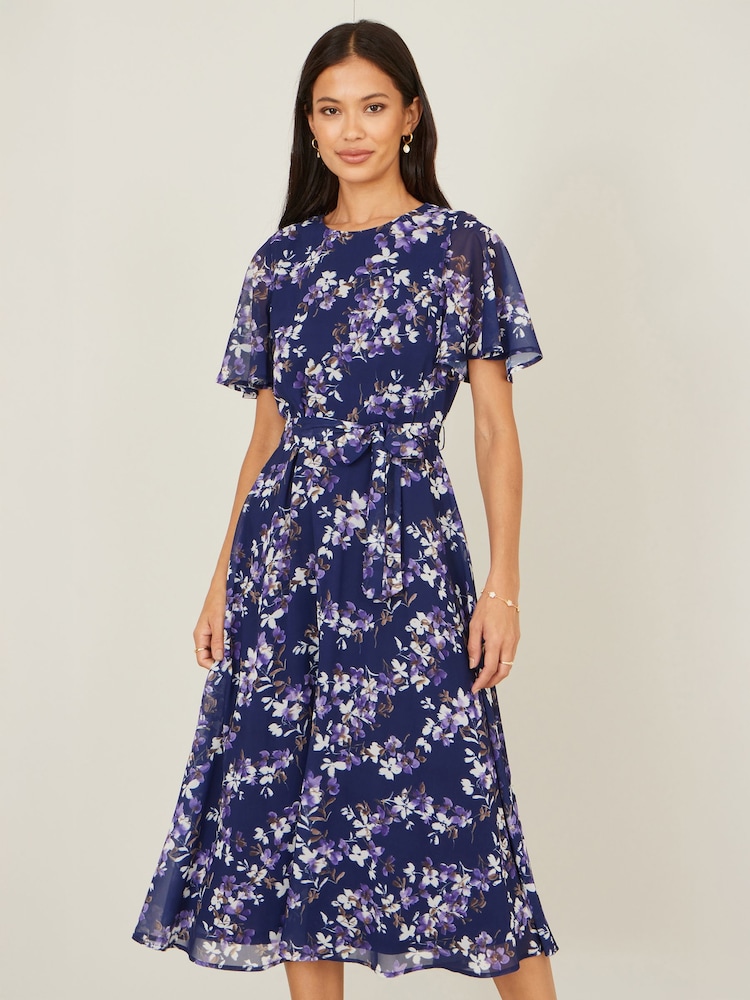 Yumi Blue Blossom Print Midi Skater Dress With Angel Sleeves - Image 5 of 5