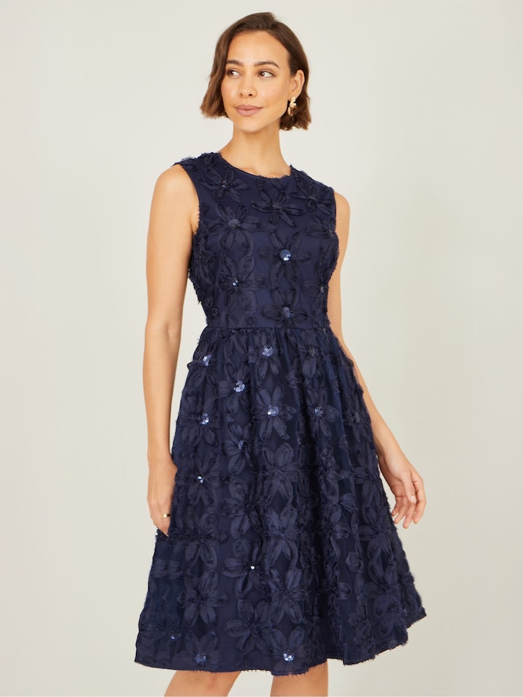 Yumi Blue Sequin Floral Applique Skater Dress - Image 1 of 5