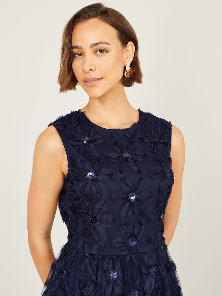 Yumi Navy Sequin Floral Applique Skater Dress - Navy / 12