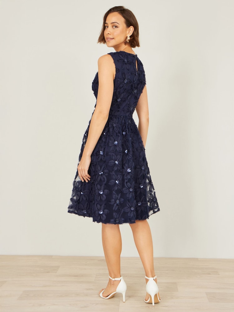 Yumi Blue Sequin Floral Applique Skater Dress - Image 5 of 5