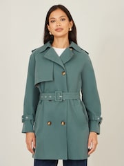 Yumi Green Belted Trench Coat With Check Lining - Image 1 of 5