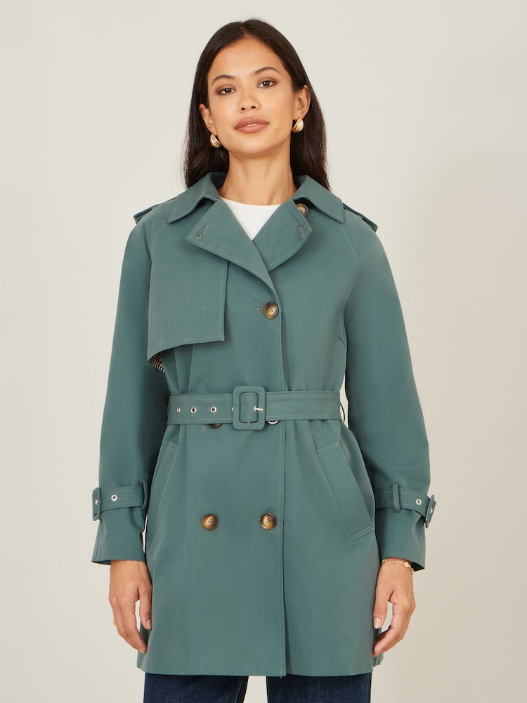 Yumi Green Belted Trench Coat With Check Lining - Image 1 of 5
