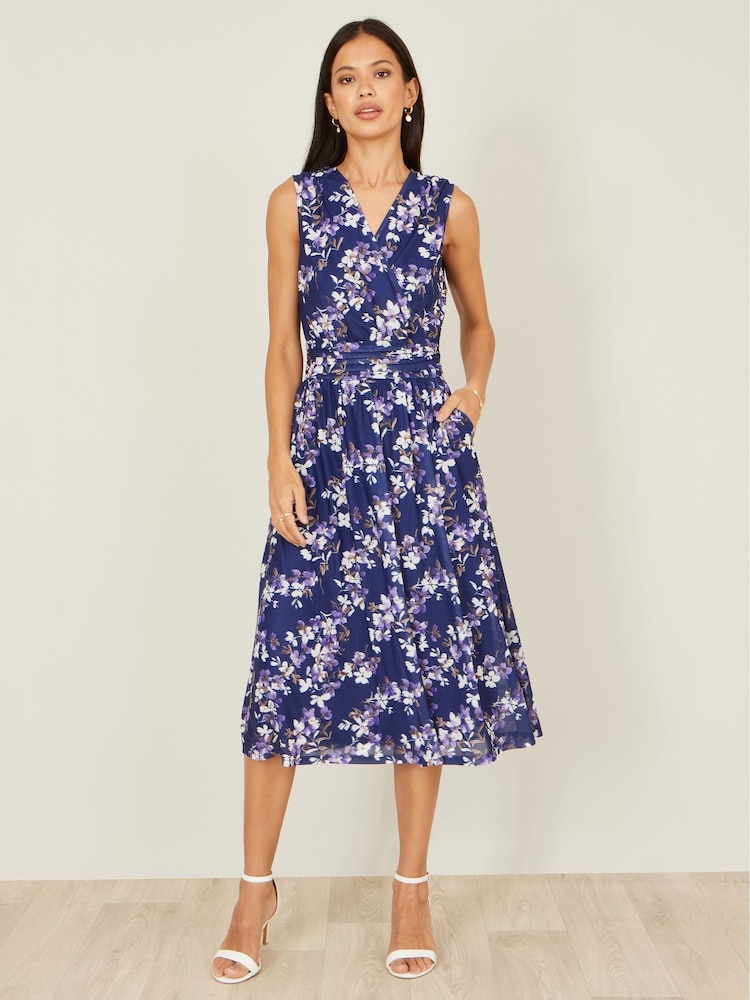 Yumi Blossom Print Mesh Stretch Midi Dress With Pockets - Imaginea 2 din 5 Yumi Blossom Print Mesh Stretch Midi Dress With Pockets - Imaginea 2 din 5