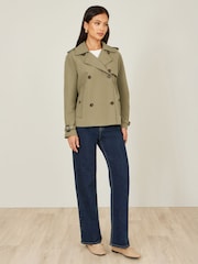 Yumi Green Cropped Trench Jacket With Pockets and Check Lining - Image 2 of 5