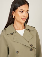 Yumi Green Cropped Trench Jacket With Pockets and Check Lining - Image 3 of 5