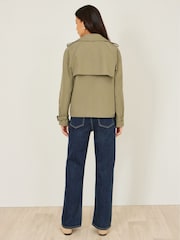 Yumi Green Cropped Trench Jacket With Pockets and Check Lining - Image 5 of 5
