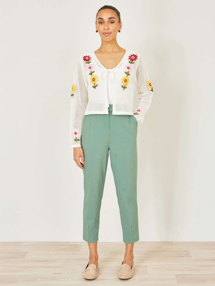 Yumi Green Stretch Capri Pants With Tie Belt - Image 1 of 4