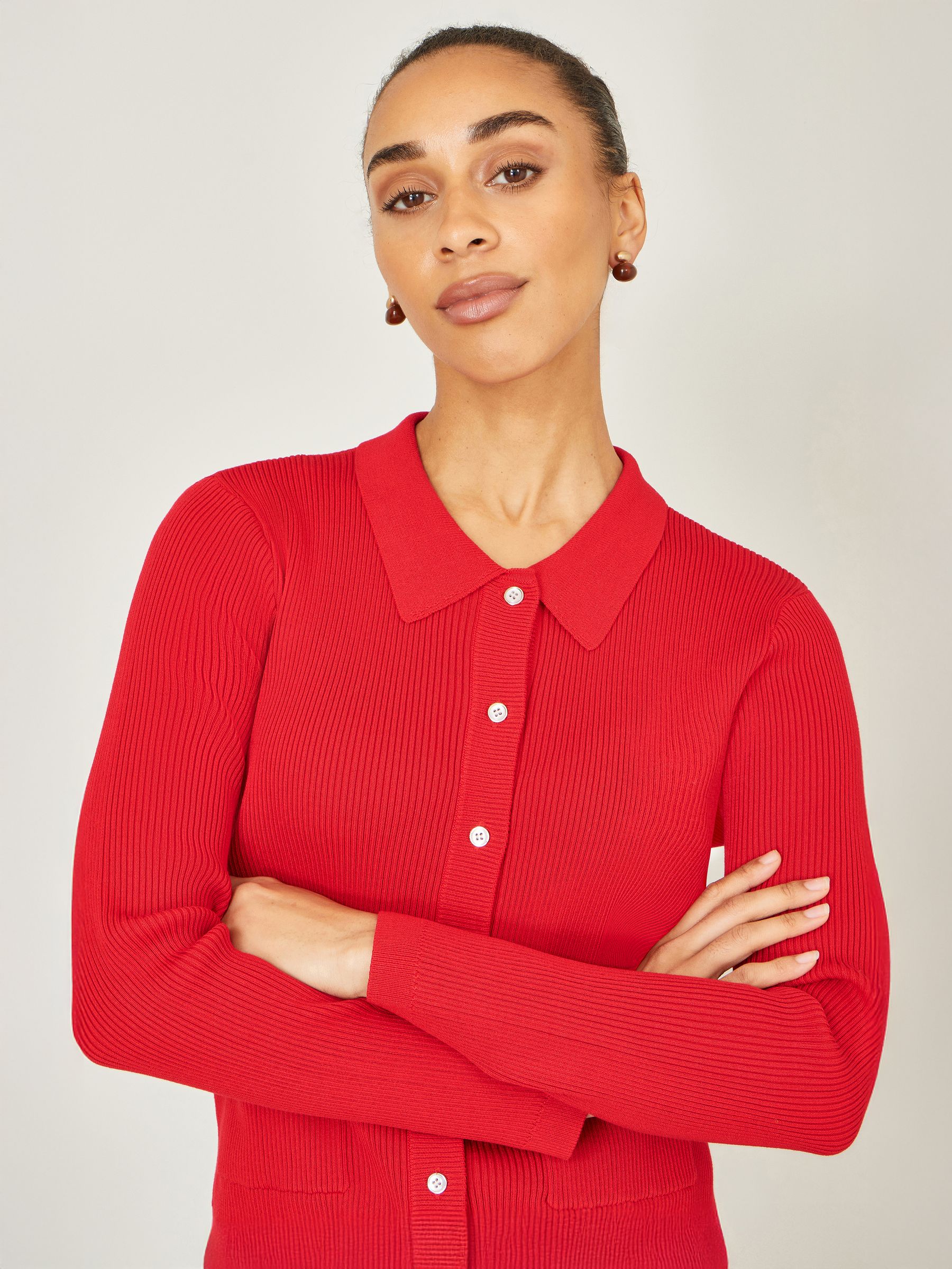 Yumi Women's Red Ribbed Collar Button Up Cardigan