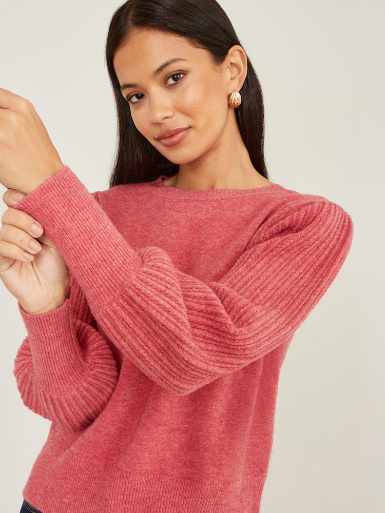 Yumi Pink Knitted Balloon Sleeve Jumper - Image 1 of 4