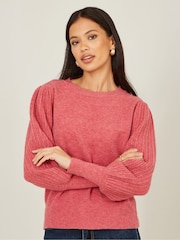 Yumi Pink Knitted Balloon Sleeve Jumper - Image 3 of 4