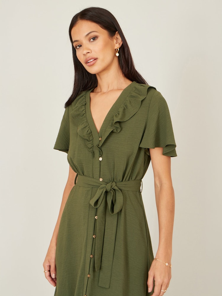 Yumi Green Ruffle Collar Midi Shirt Dress - Image 5 of 5