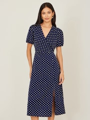 Yumi Blue Spot Wrap Midi Tea Dress - Image 4 of 5