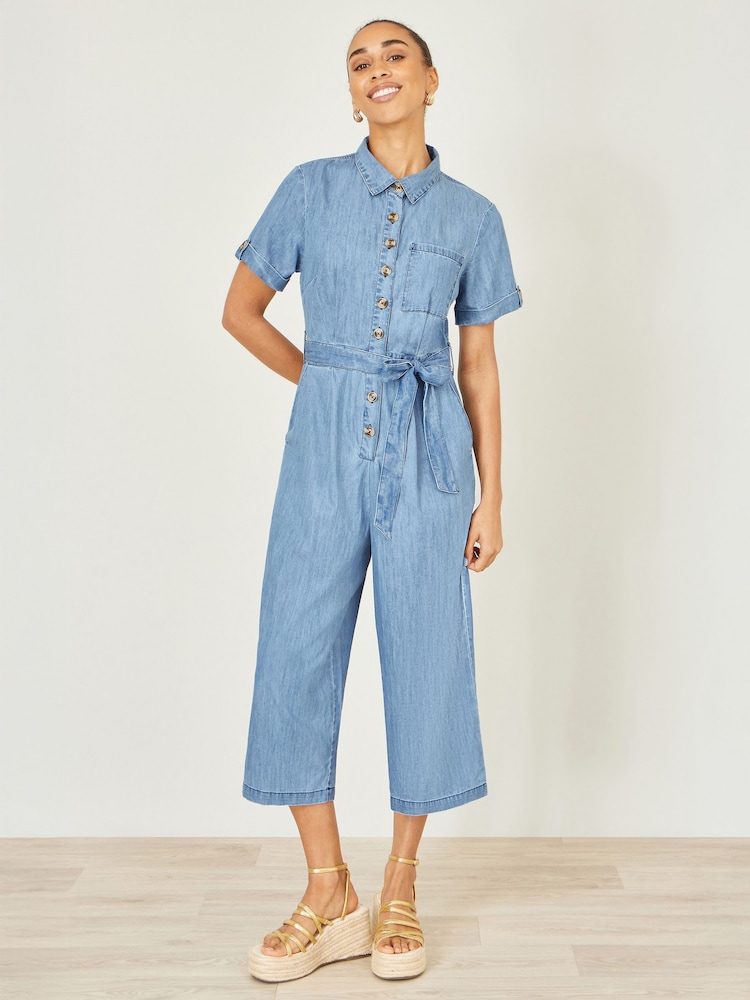 Yumi Denim Blue Chambray Light Denim Button Jumpsuit - Image 1 of 5 Yumi Denim Blue Chambray Light Denim Button Jumpsuit - Image 1 of 5