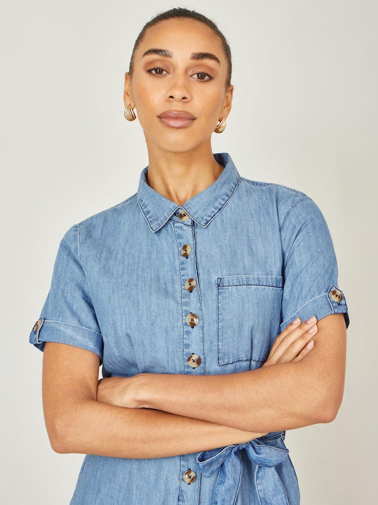 Yumi Denim Blue Chambray Light Denim Button Jumpsuit - Image 2 of 5 Yumi Denim Blue Chambray Light Denim Button Jumpsuit - Image 2 of 5