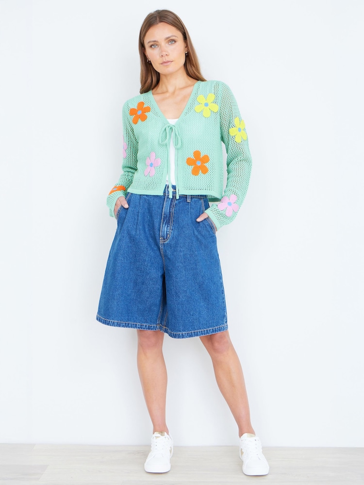 Yumi Green Tie Front Cardigan With Flower Design - Image 2 of 5