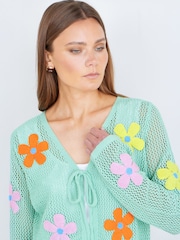 Yumi Green Tie Front Cardigan With Flower Design - Image 3 of 5