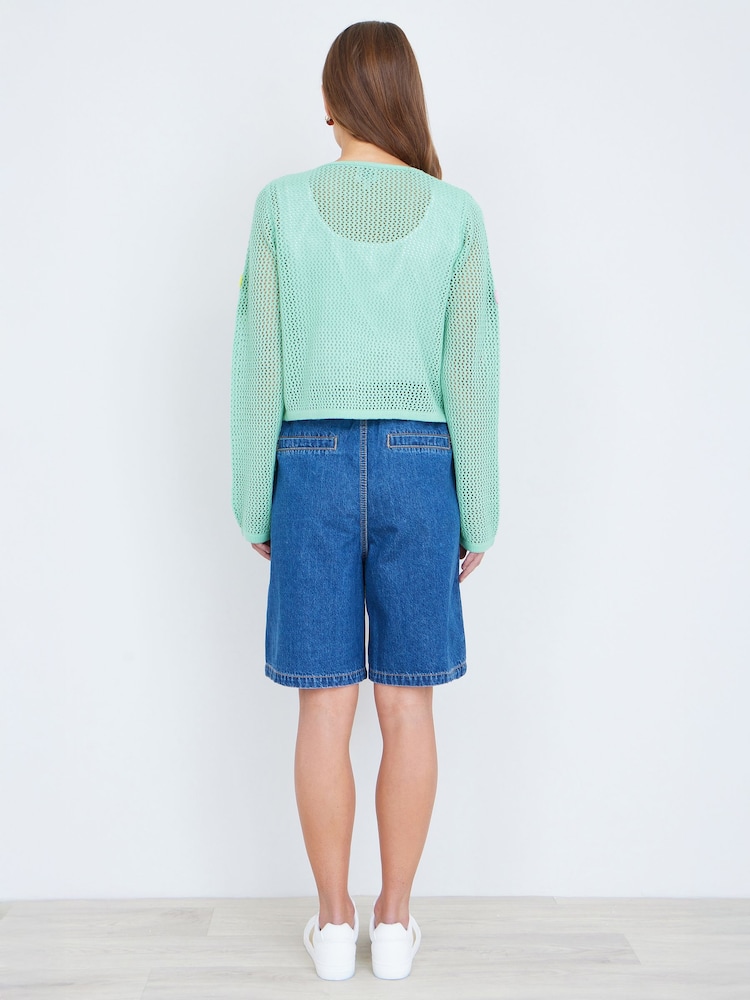 Yumi Green Tie Front Cardigan With Flower Design - Image 5 of 5