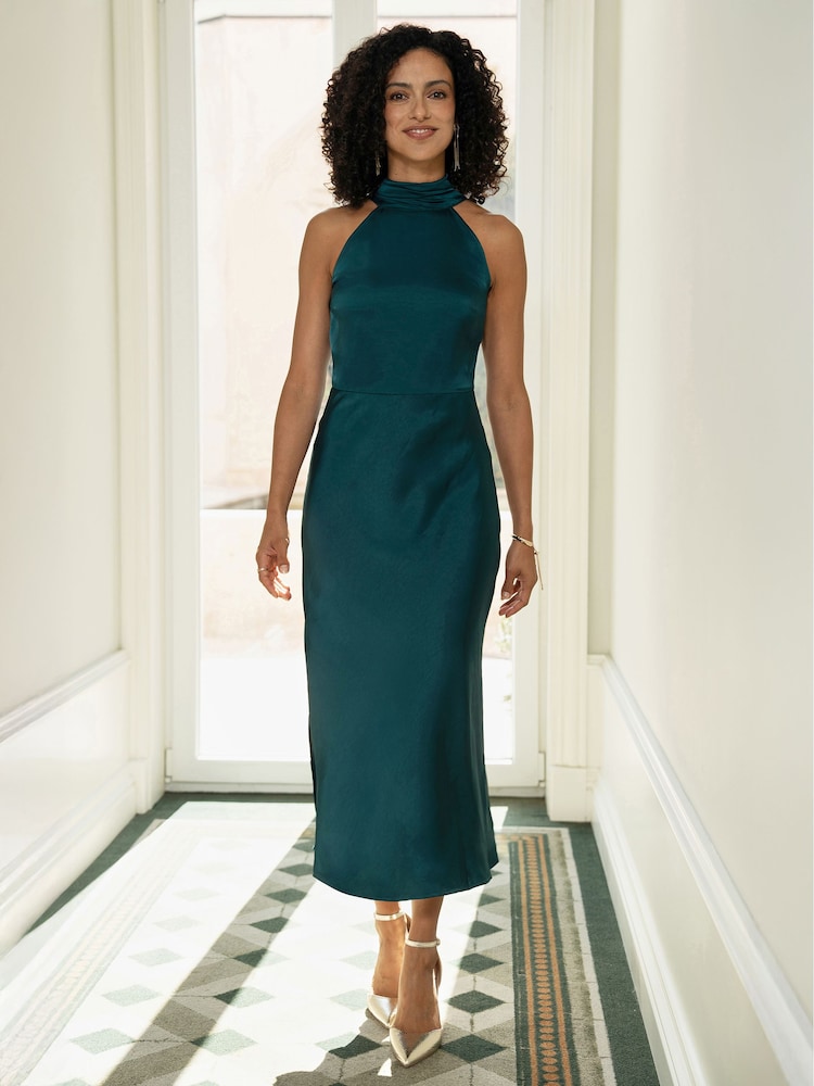 أخضر - Yumi Satin Halter Neck Midi Dress - Image 1 of 5
