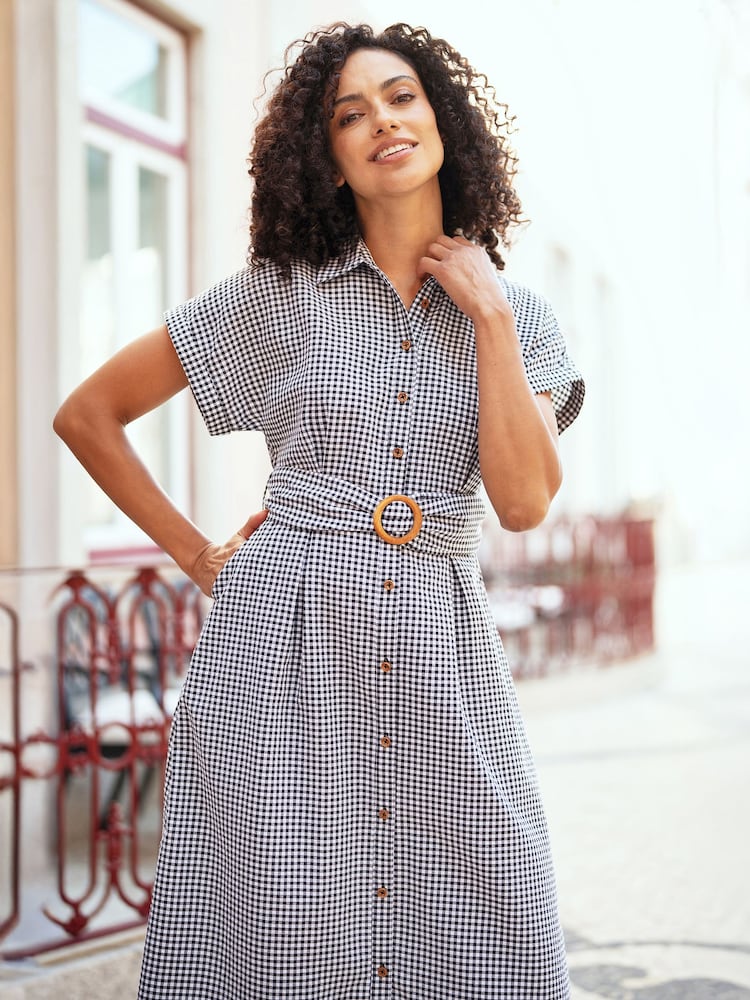 Yumi Black Gingham  Relaxed Shirt Dress With Matching Belt - Image 2 of 5