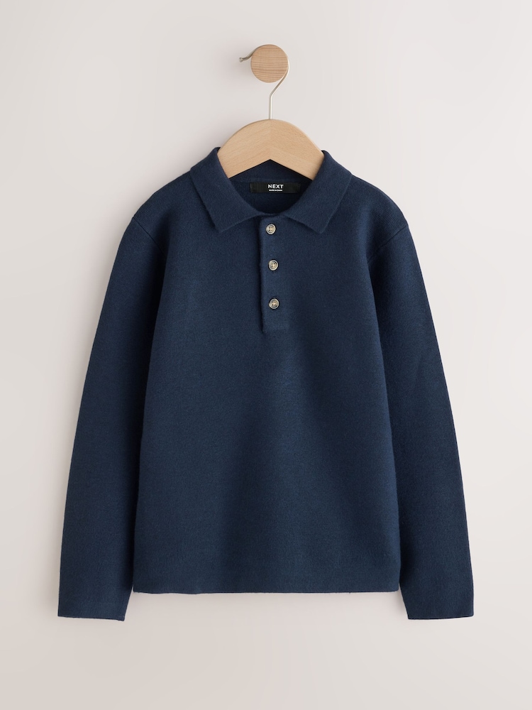 Navy Knitted Button Neck Polo Shirt (3-16yrs) - Image 1 of 4 Navy Knitted Button Neck Polo Shirt (3-16yrs) - Image 1 of 4