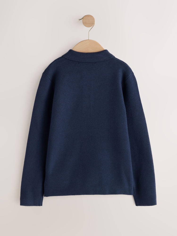 Navy Knitted Button Neck Polo Shirt (3-16yrs) - Image 2 of 4 Navy Knitted Button Neck Polo Shirt (3-16yrs) - Image 2 of 4