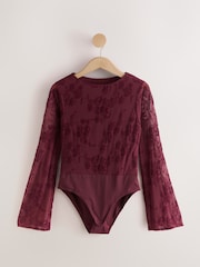 Plum Purple Flute Sleeve Flocked Bodysuit - Image 1 of 3