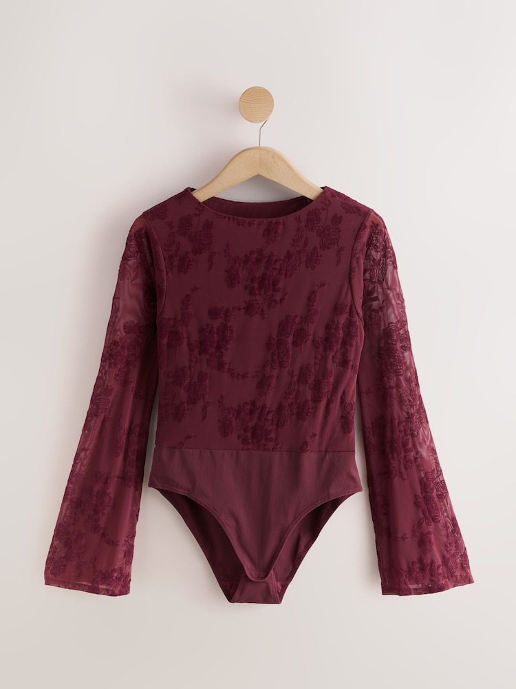 Plum Purple Flute Sleeve Flocked Bodysuit - Image 1 of 3 Plum Purple Flute Sleeve Flocked Bodysuit - Image 1 of 3