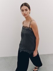 Grey Straight Neck Satin Lace Cami Top - Image 1 of 6