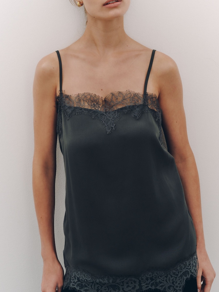 Grey Straight Neck Satin Lace Cami Top - Image 2 of 6