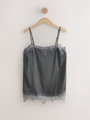 Grey Straight Neck Satin Lace Cami Top - Image 4 of 6