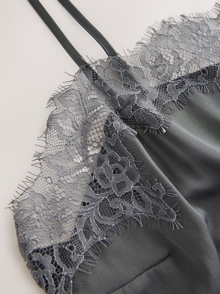 Grey Straight Neck Satin Lace Cami Top - Image 6 of 6