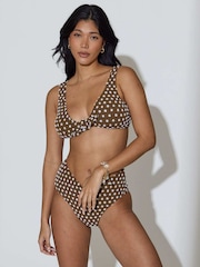 South Beach Brown Textured Spot Knot Front Top and Tummy Control V-Waist Briefs Bikini Set - Image 3 of 6