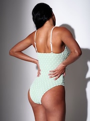 South Beach Green Textured Spot Tie Front Tummy Control Swimsuit - Image 2 of 8