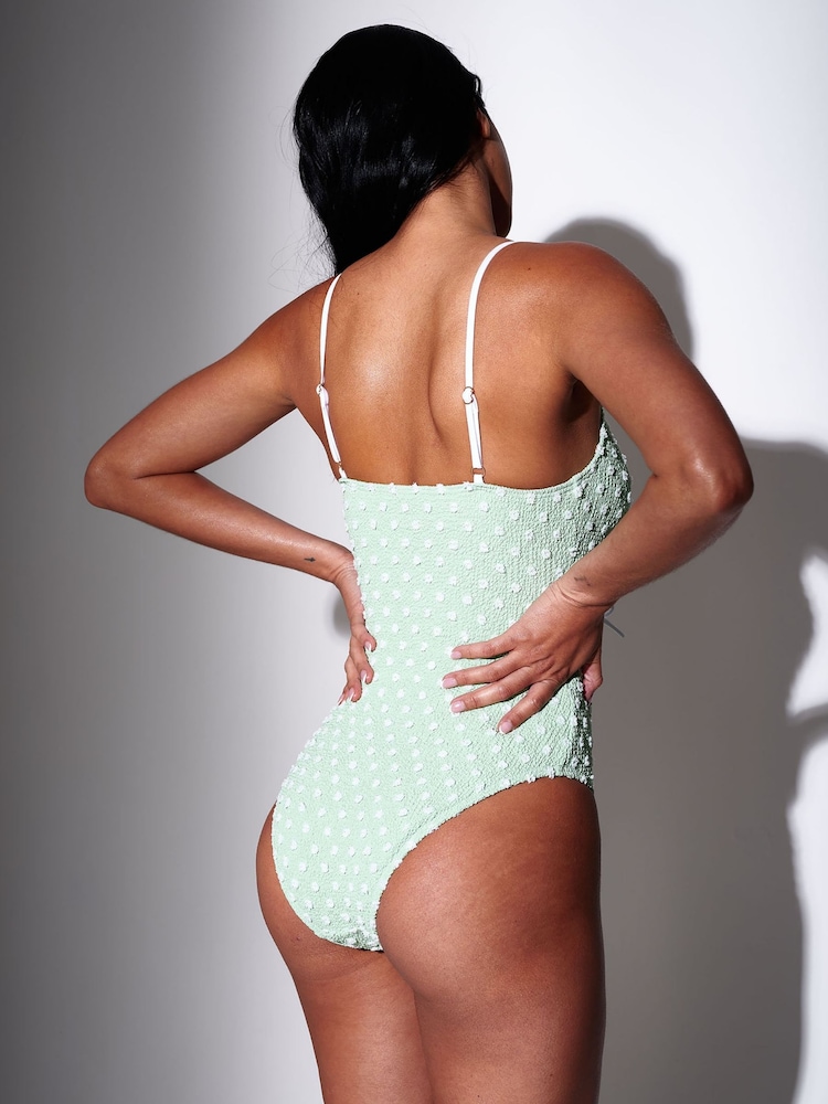 South Beach Green Textured Spot Tie Front Tummy Control Swimsuit - Image 2 of 8 South Beach Green Textured Spot Tie Front Tummy Control Swimsuit - Image 2 of 8