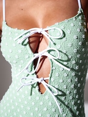 South Beach Green Textured Spot Tie Front Tummy Control Swimsuit - Image 4 of 8