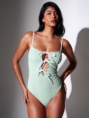 South Beach Green Textured Spot Tie Front Tummy Control Swimsuit - Image 8 of 8