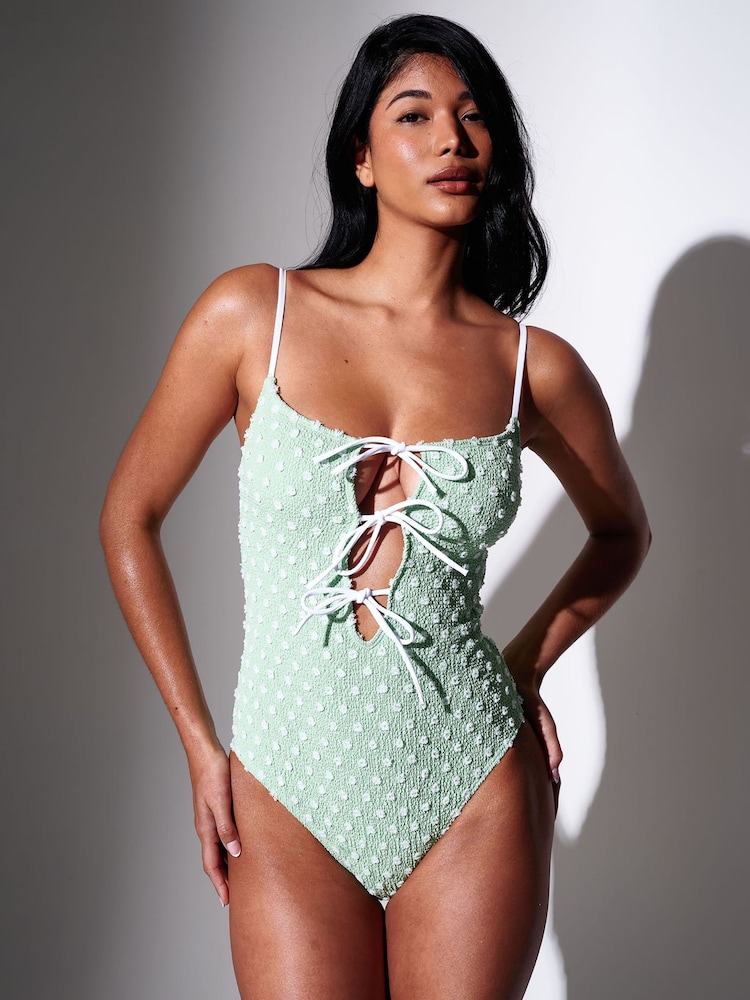 South Beach Green Textured Spot Tie Front Tummy Control Swimsuit - Image 8 of 8 South Beach Green Textured Spot Tie Front Tummy Control Swimsuit - Image 8 of 8