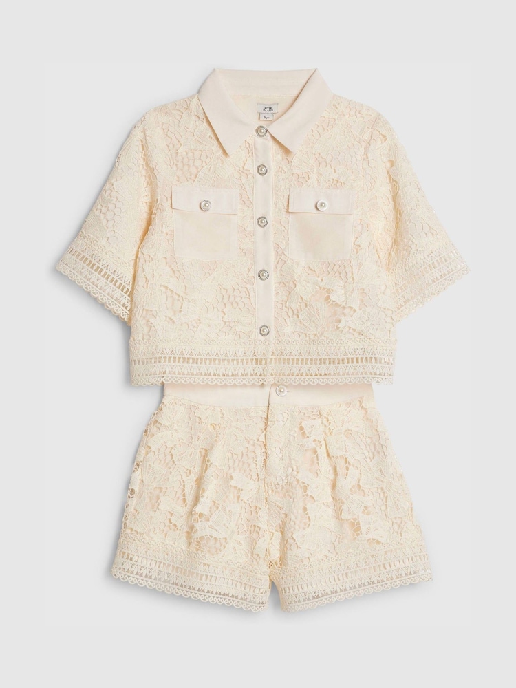 River Island Cream Lace Blouse and Short Set - Image 1 of 4