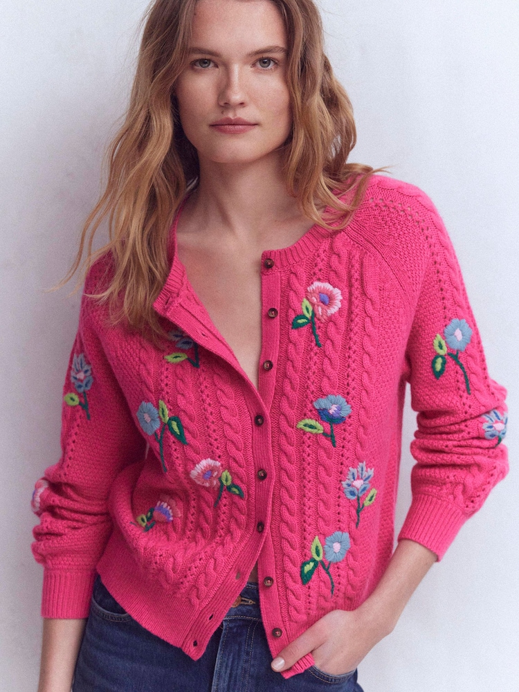 Boden Pink Liv Embroidered Cable Cardigan - Image 1 of 6 Boden Pink Liv Embroidered Cable Cardigan - Image 1 of 6