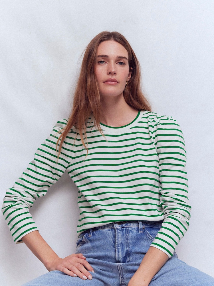 Boden Green Pleat Sleeve Stripe Top - Image 1 of 6