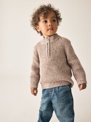 Beige - Zip Neck Knitted Cable Jumper (3mths-7yrs) - Bild 1 av 7