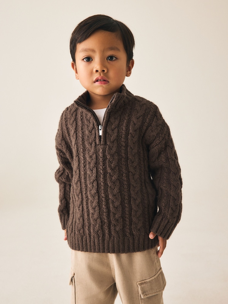 Brun - Zip Neck Knitted Cable Jumper (3mths-7yrs) - Bild 1 av 8
